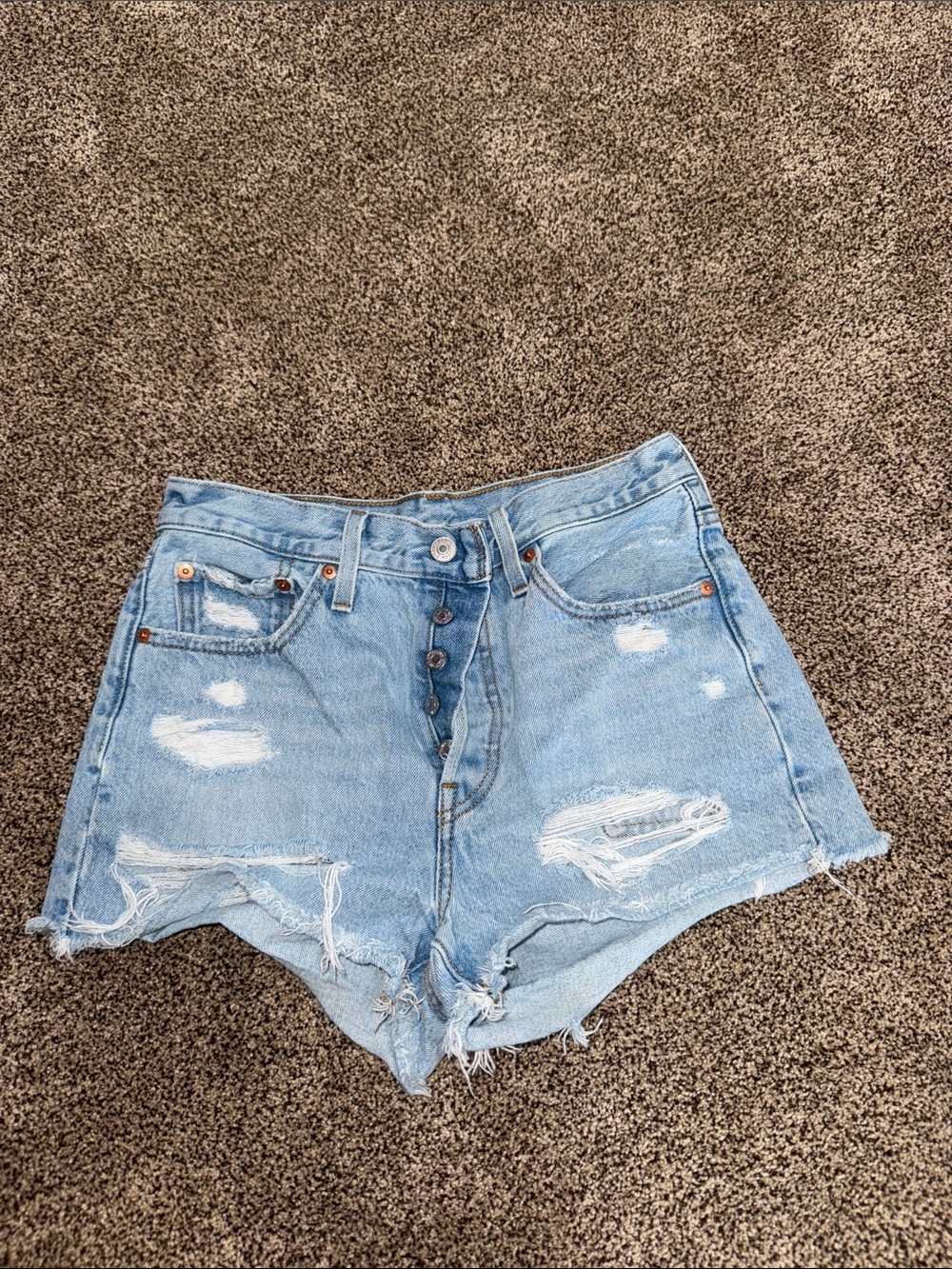 Levi's 501 Light Blue Distressed Button-Fly Denim Shorts